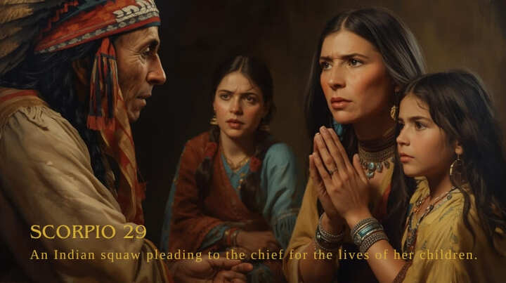 蠍座29度のサビアンシンボル：酋長に自分の子供達の命乞いをするインディアン